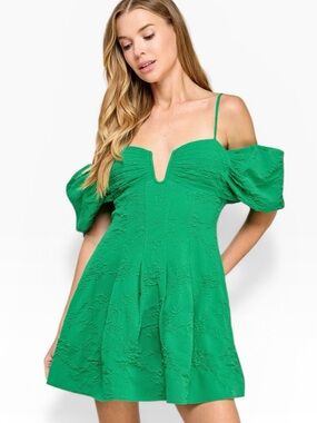 City Studio Green Jacquard Off-The-Shoulder Puff Sleeve Mini Dress NEW XS